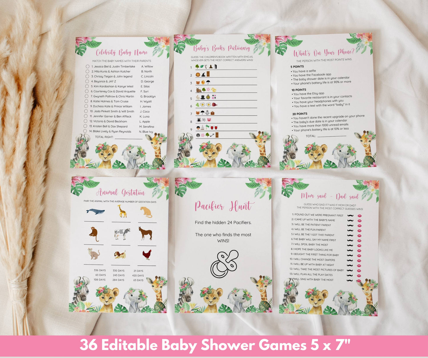 Safari Baby Shower Girl Bundle, Pink Jungle Animals Baby Sprinkle Invitation & Games, Editable Canva Templates, Instant Download