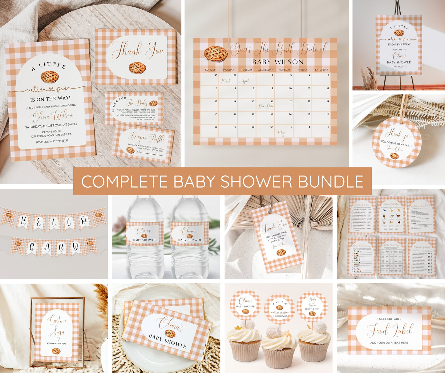 Cutie Pie Baby Shower Bundle, Fall Baby Shower Invitation & Games, Orange Gingham Baking Theme, Gender Neutral, Editable Canva Template