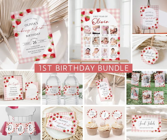 Berry First Birthday Invitation Template | Pink Gingham Strawberry Party Bundle | Editable Canva Decor, Games & Signs | Instant Download
