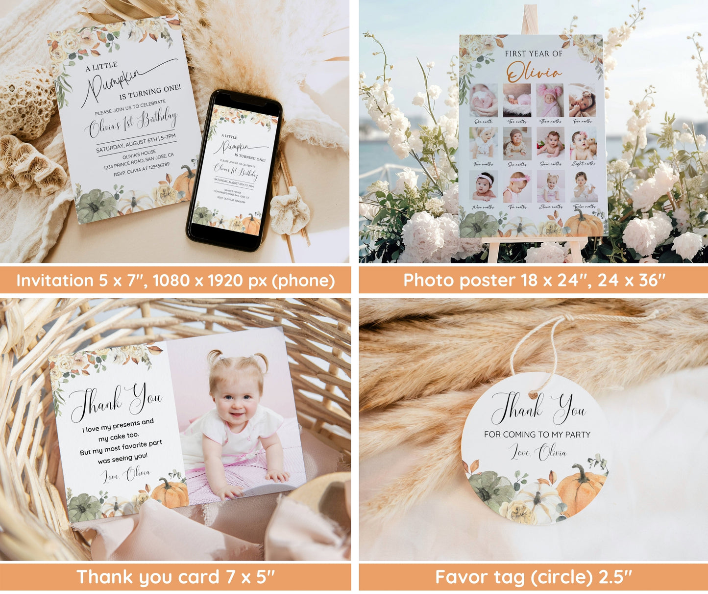Little Pumpkin Birthday Bundle, Fall Birthday Invitation, Welcome Sign, Photo Poster, Autumn First Birthday Bundle, Editable Canva Template