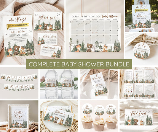 Let the Adventure Begin Baby Shower Invitation Bundle, Adventure Awaits Editable Invitation Suite, Woodland Animals Forest Mountain Editable