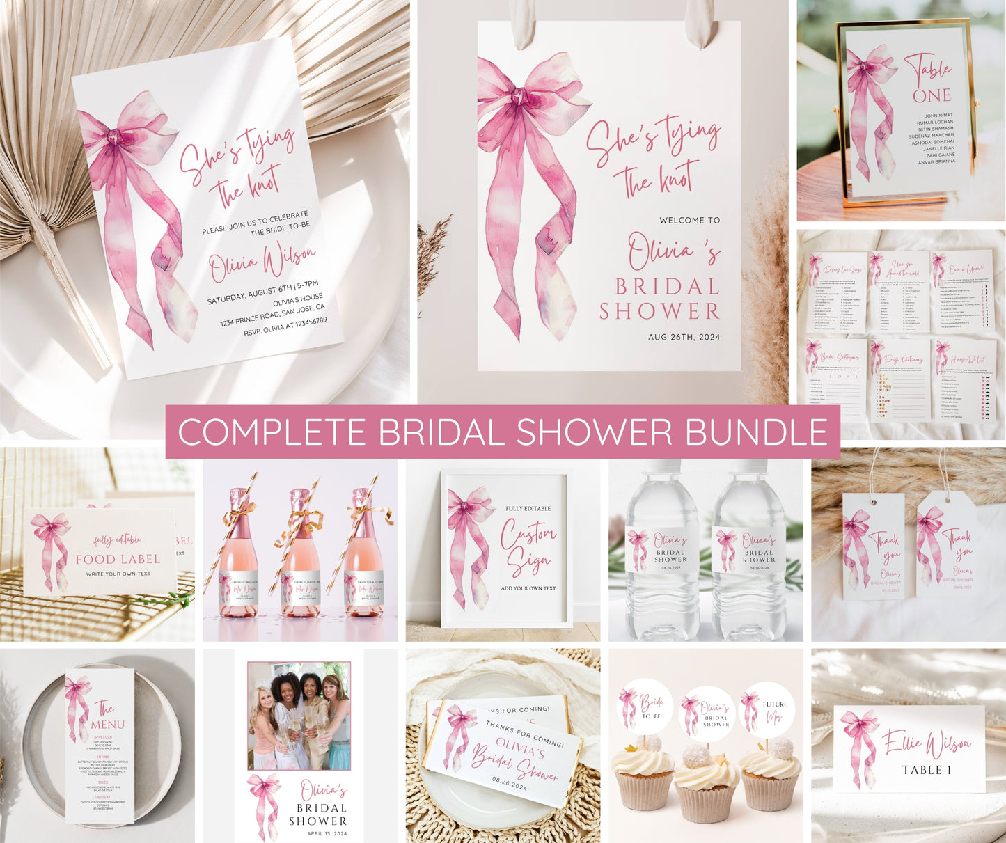 Pink Bow Bridal Shower Invitation Bundle | She's Tying the Knot | Editable Bridal Shower Invite Template, Welcome Sign, Games & Decor | Canva Instant Download