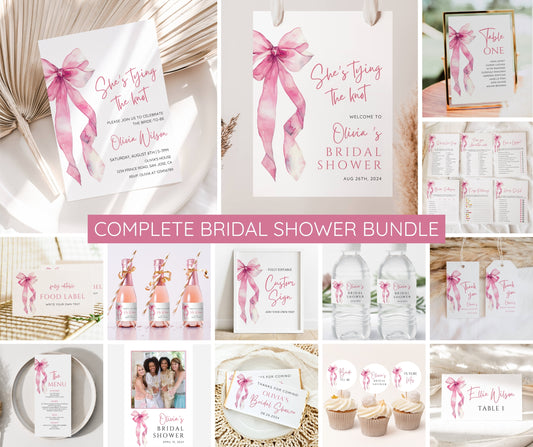 Pink Bow Bridal Shower Invitation Bundle | She's Tying the Knot | Editable Bridal Shower Invite Template, Welcome Sign, Games & Decor | Canva Instant Download