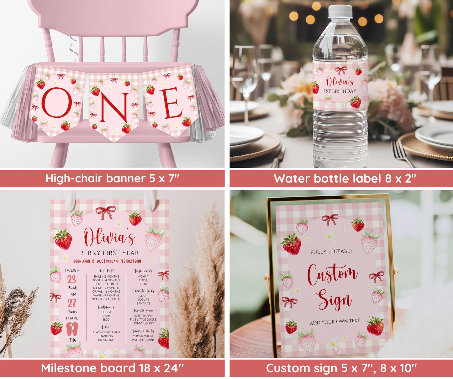 Berry First Birthday Invitation Bundle, Strawberry 1st Birthday Bundle, Berry First Birthday Invite Template, Berry 1st Girl Birthday Decor
