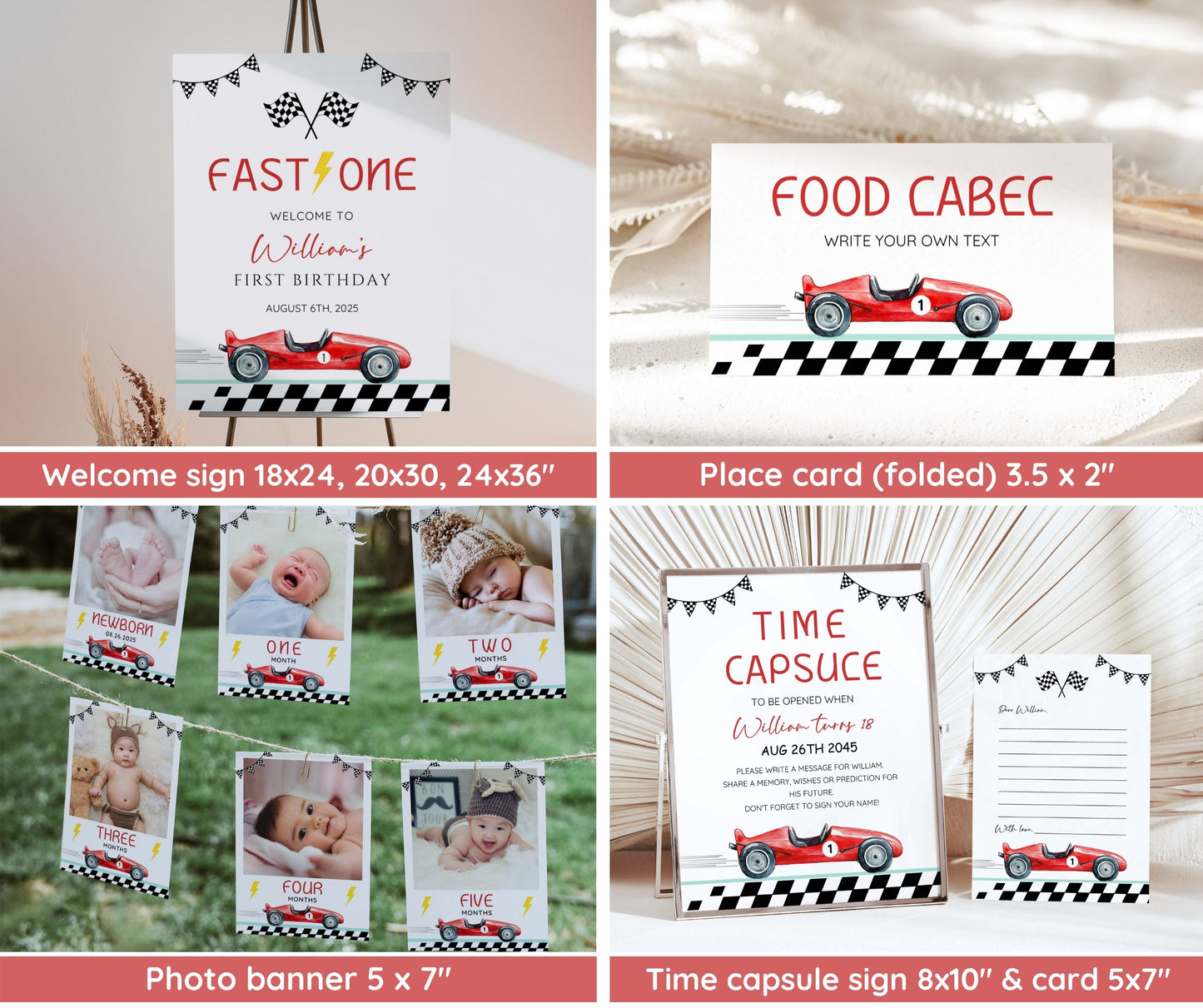 Fast One Race Car Birthday Invitation Bundle, 1st Birthday Boy Party Bundle, Editable Race Car Invite Set, Boy First Birthday Canva Template