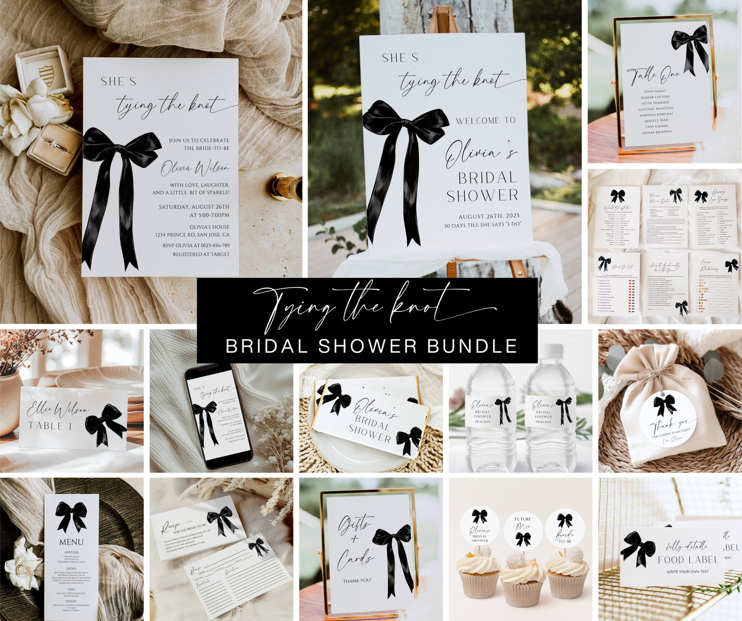 She's Tying The Knot Bridal Shower Bundle, Modern Black Bow Bridal Invitation & Games, Minimal Wedding Shower Set, Editable Canva Template