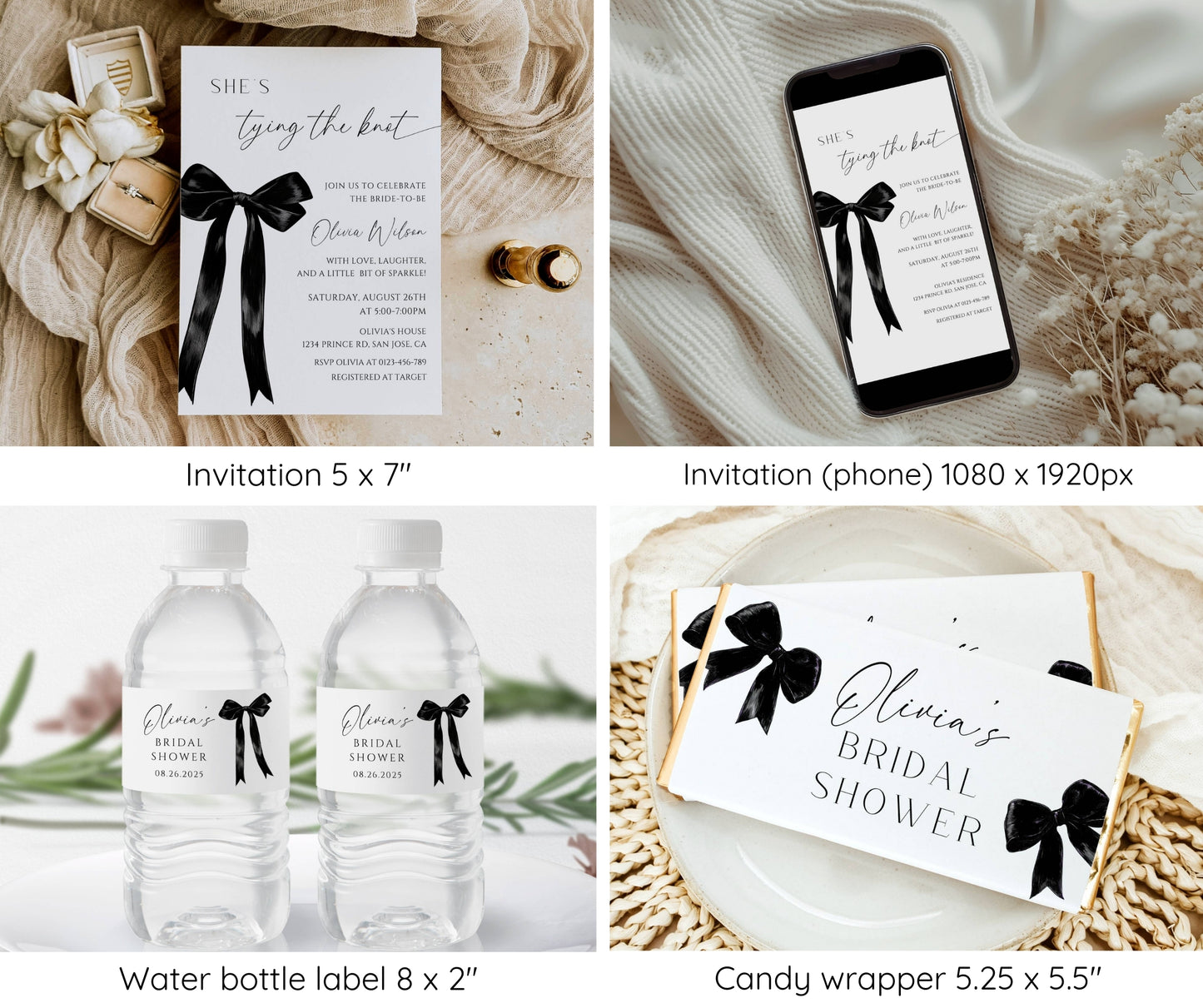 She's Tying The Knot Bridal Shower Bundle, Modern Black Bow Bridal Invitation & Games, Minimal Wedding Shower Set, Editable Canva Template