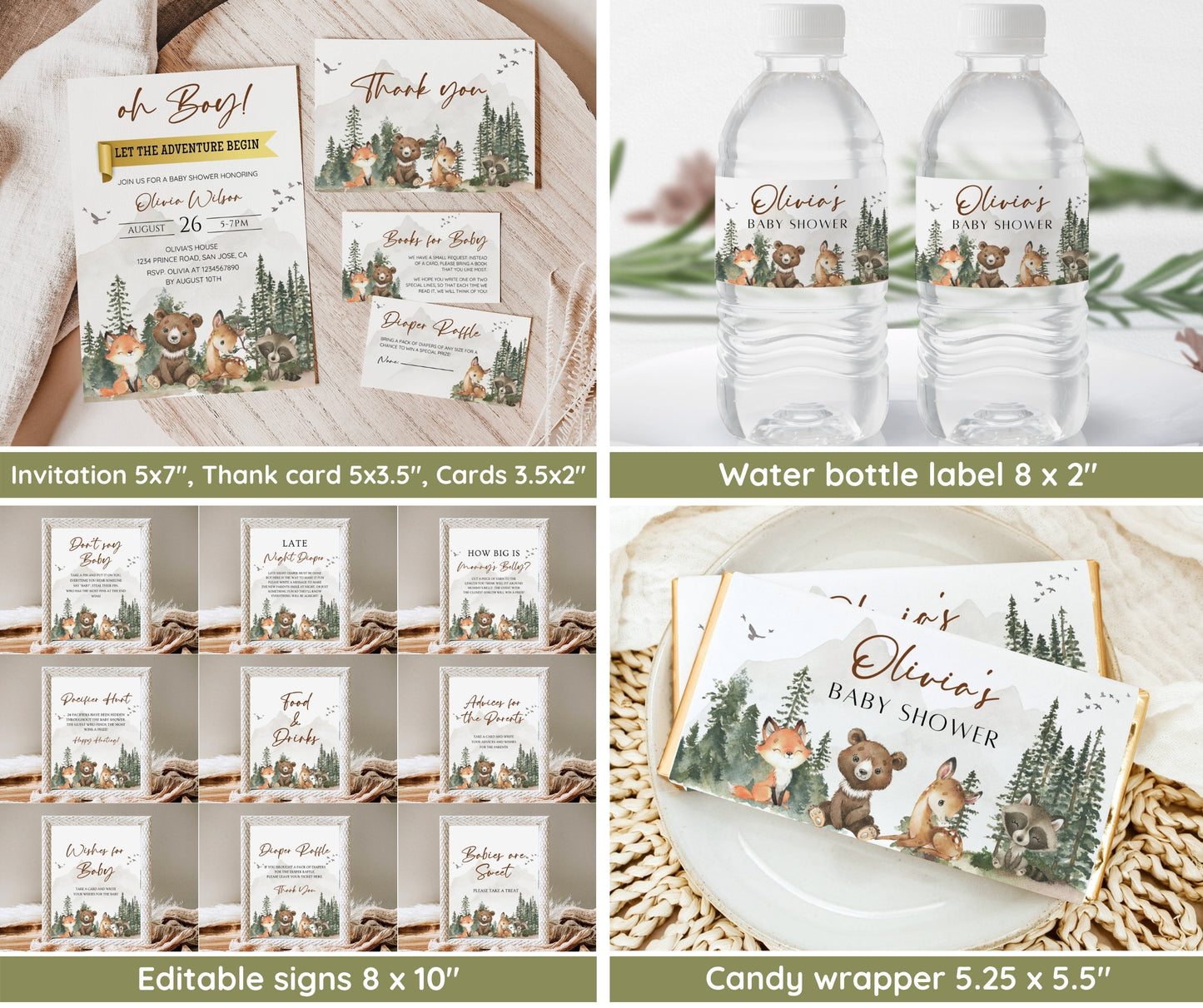 Let the Adventure Begin Baby Shower Invitation Bundle, Adventure Awaits Editable Invitation Suite, Woodland Animals Forest Mountain Editable