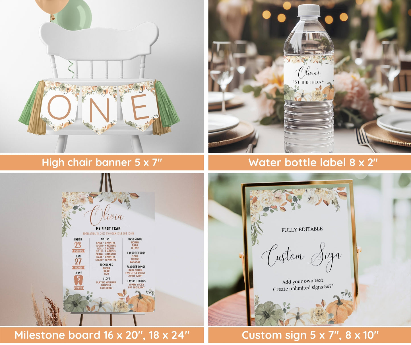 Little Pumpkin Birthday Bundle, Fall Birthday Invitation, Welcome Sign, Photo Poster, Autumn First Birthday Bundle, Editable Canva Template
