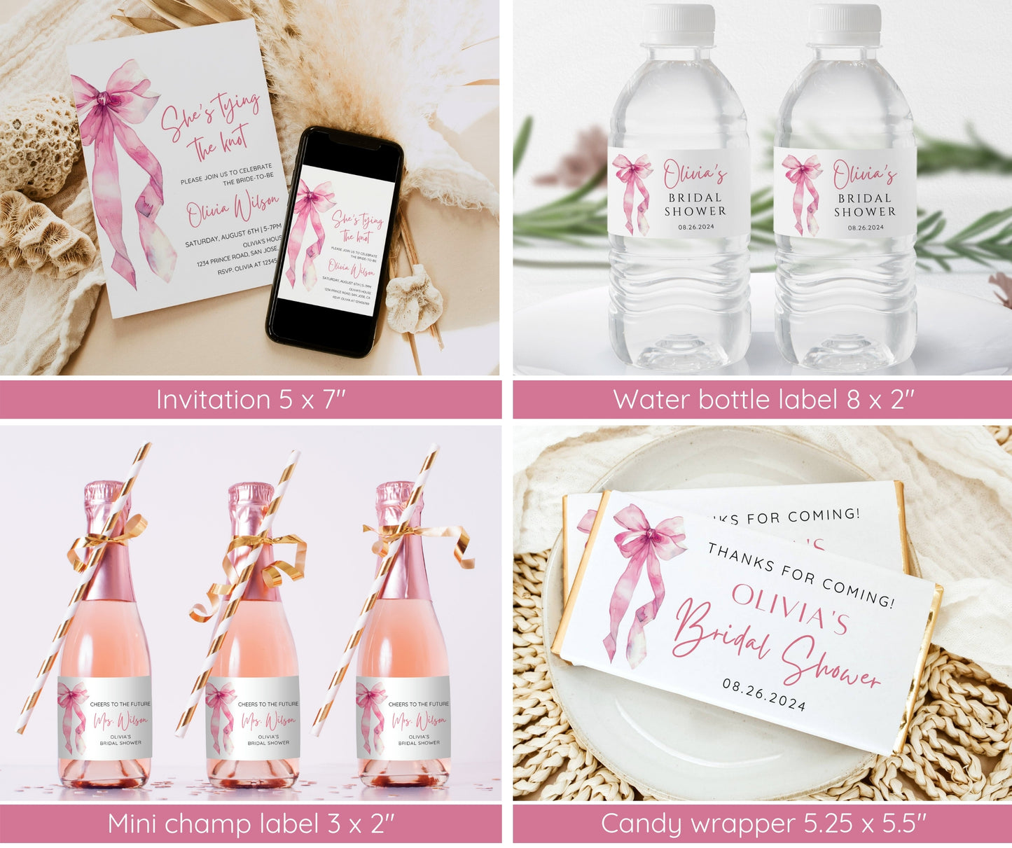 Pink Bow Bridal Shower Invitation Bundle | She's Tying the Knot | Editable Bridal Shower Invite Template, Welcome Sign, Games & Decor | Canva Instant Download