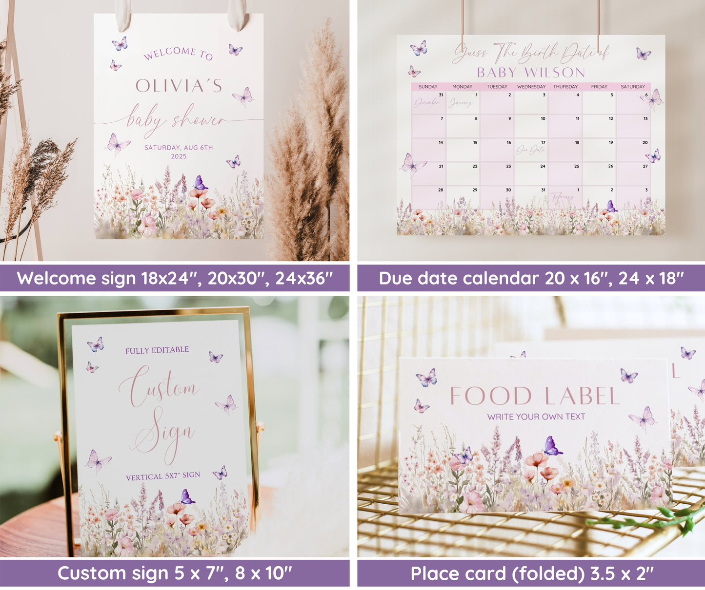 Butterfly Baby Shower Invitation Bundle, Editable Pink Butterfly Invite & Games, Girl Baby Shower Decor, Wildflower Floral, Canva Template