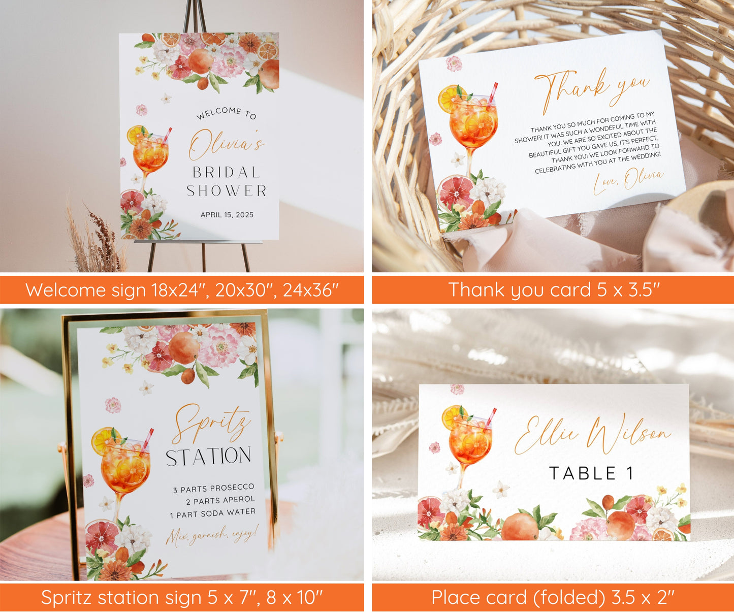 Love at First Spritz Bridal Shower Bundle | Aperol Spritz Bridal Shower Invitation, Games & Sign | Citrus Bridal Brunch | Pink Orange Floral | Editable Canva Template | Instant Download