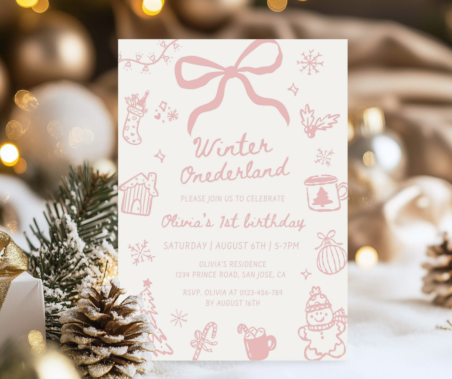 Winter Onederland First Birthday Bundle, Hand Drawn Pink Winter Girl Birthday Invitation, December Christmas 1st Birthday, Editable Template