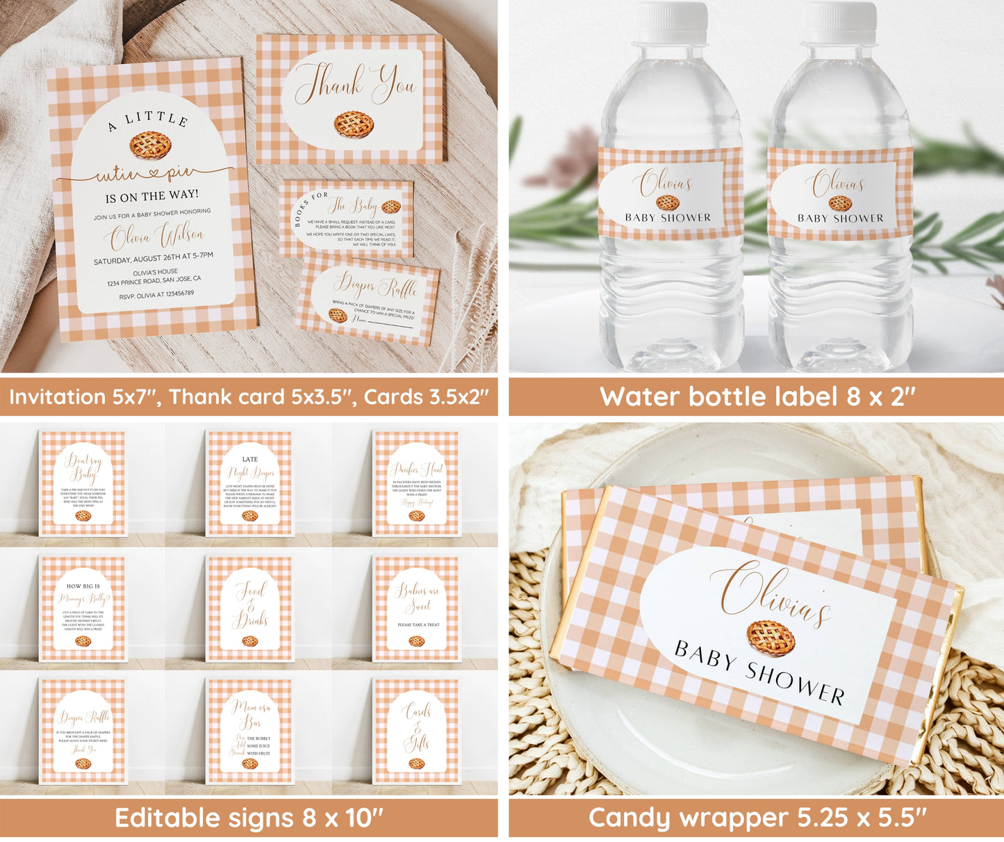 Cutie Pie Baby Shower Bundle, Fall Baby Shower Invitation & Games, Orange Gingham Baking Theme, Gender Neutral, Editable Canva Template