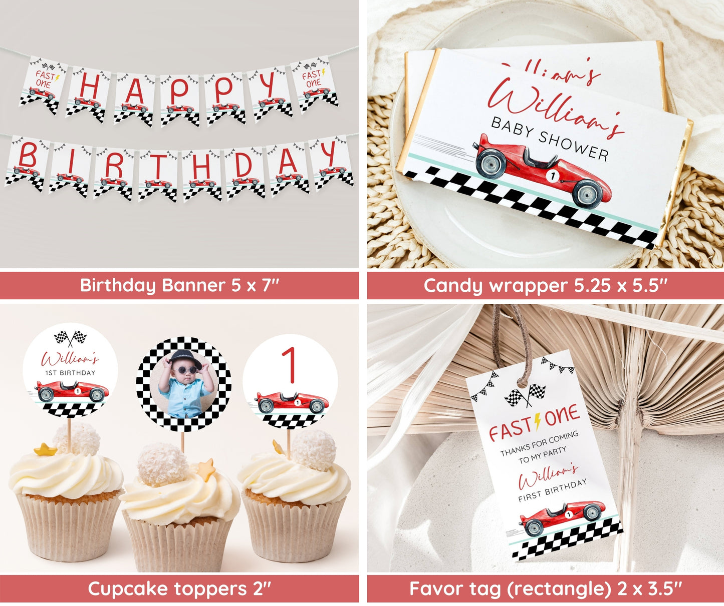 Fast One Race Car Birthday Invitation Bundle, 1st Birthday Boy Party Bundle, Editable Race Car Invite Set, Boy First Birthday Canva Template