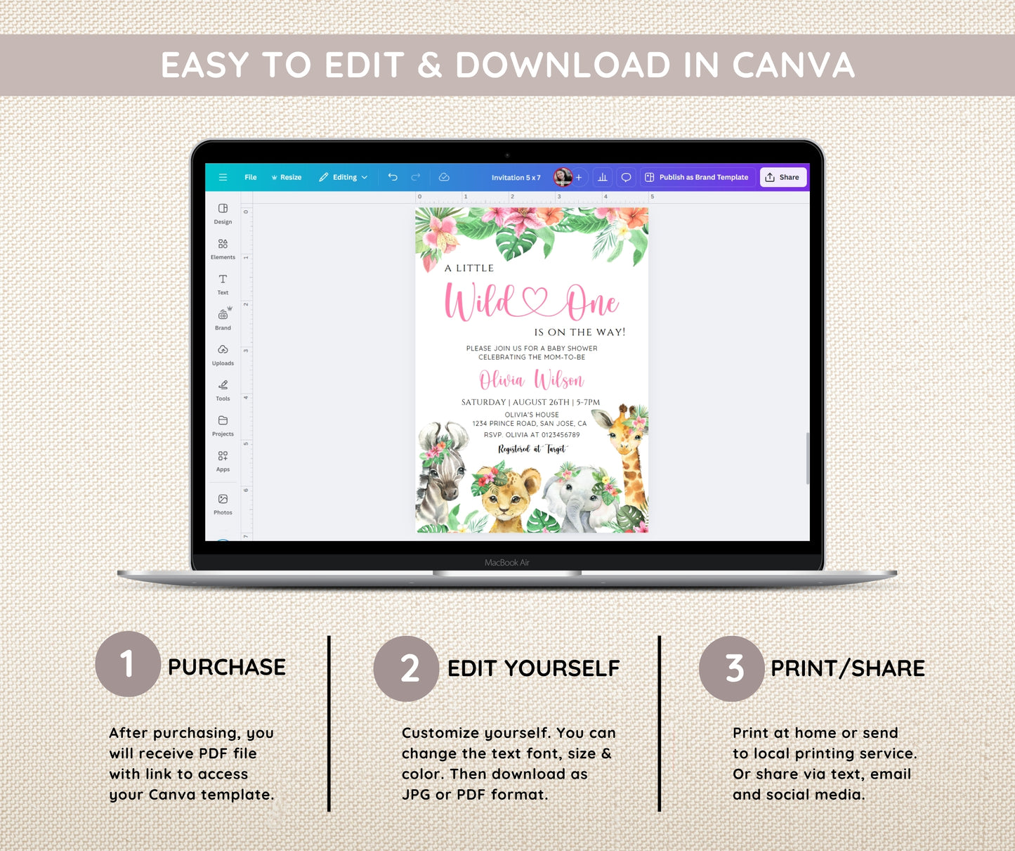 Safari Baby Shower Girl Bundle, Pink Jungle Animals Baby Sprinkle Invitation & Games, Editable Canva Templates, Instant Download