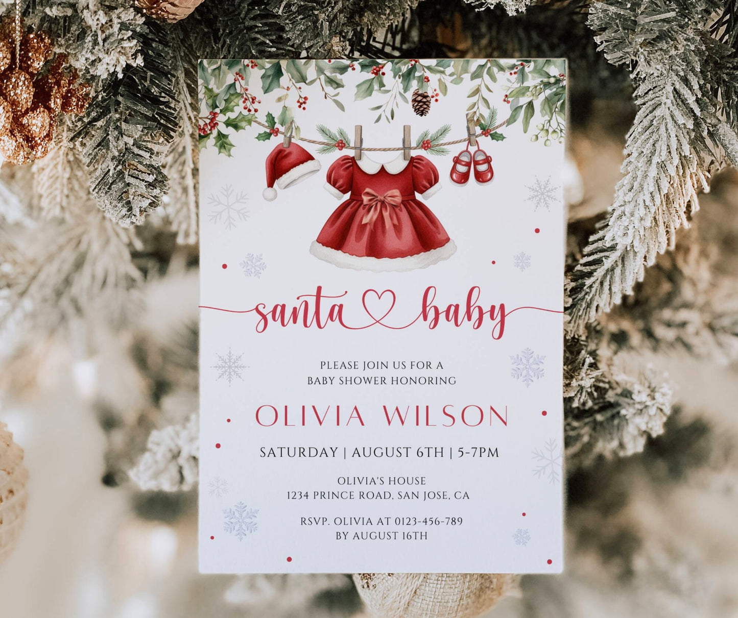 Santa Baby Shower Bundle, Christmas Girl Baby Shower Invitation & Games, Holiday Baby Clothesline, Winter, Merry Little, Editable Template
