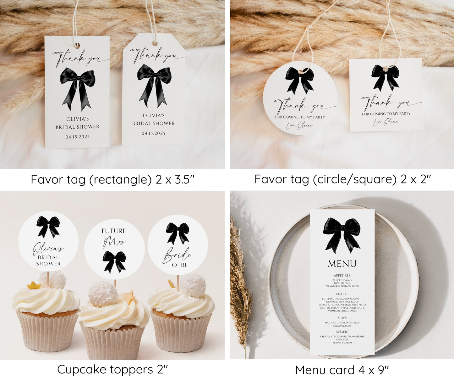 She's Tying The Knot Bridal Shower Bundle, Modern Black Bow Bridal Invitation & Games, Minimal Wedding Shower Set, Editable Canva Template