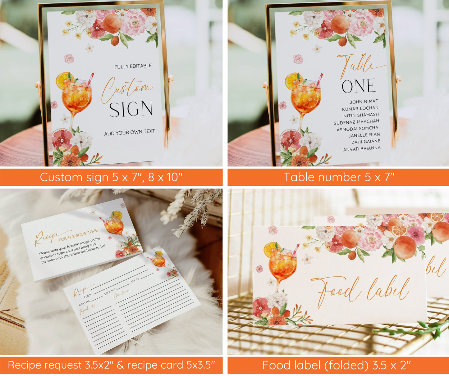 Love at First Spritz Bridal Shower Bundle | Aperol Spritz Bridal Shower Invitation, Games & Sign | Citrus Bridal Brunch | Pink Orange Floral | Editable Canva Template | Instant Download