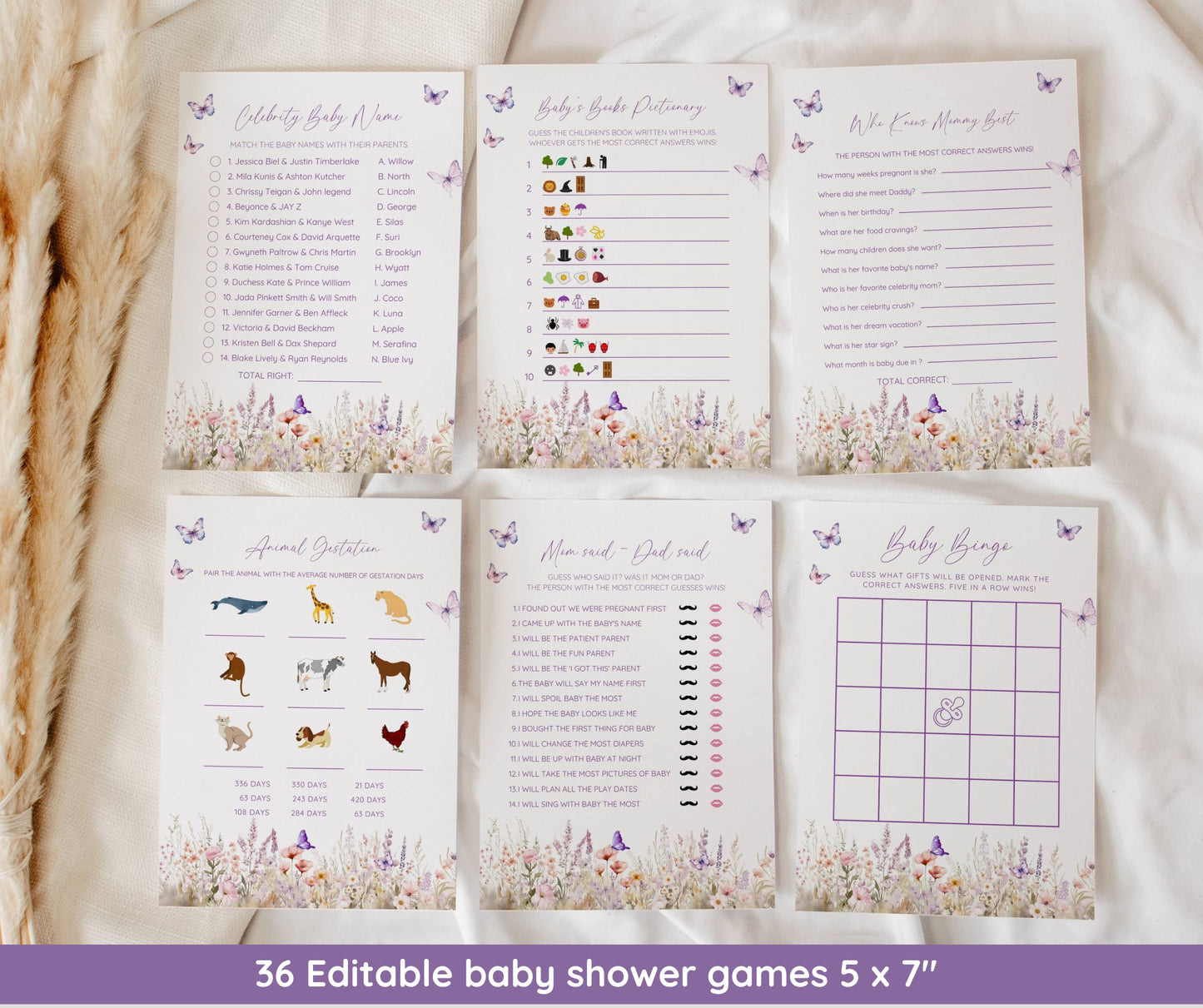 Butterfly Baby Shower Invitation Bundle, Editable Pink Butterfly Invite & Games, Girl Baby Shower Decor, Wildflower Floral, Canva Template