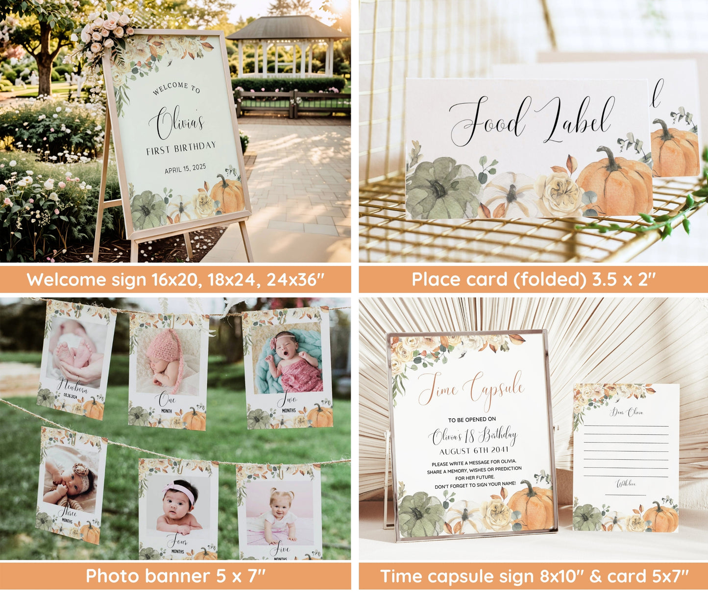 Little Pumpkin Birthday Bundle, Fall Birthday Invitation, Welcome Sign, Photo Poster, Autumn First Birthday Bundle, Editable Canva Template