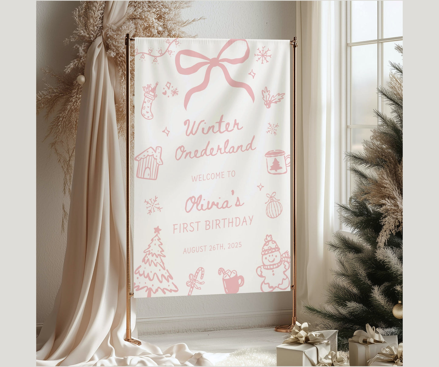 Winter Onederland First Birthday Bundle, Hand Drawn Pink Winter Girl Birthday Invitation, December Christmas 1st Birthday, Editable Template