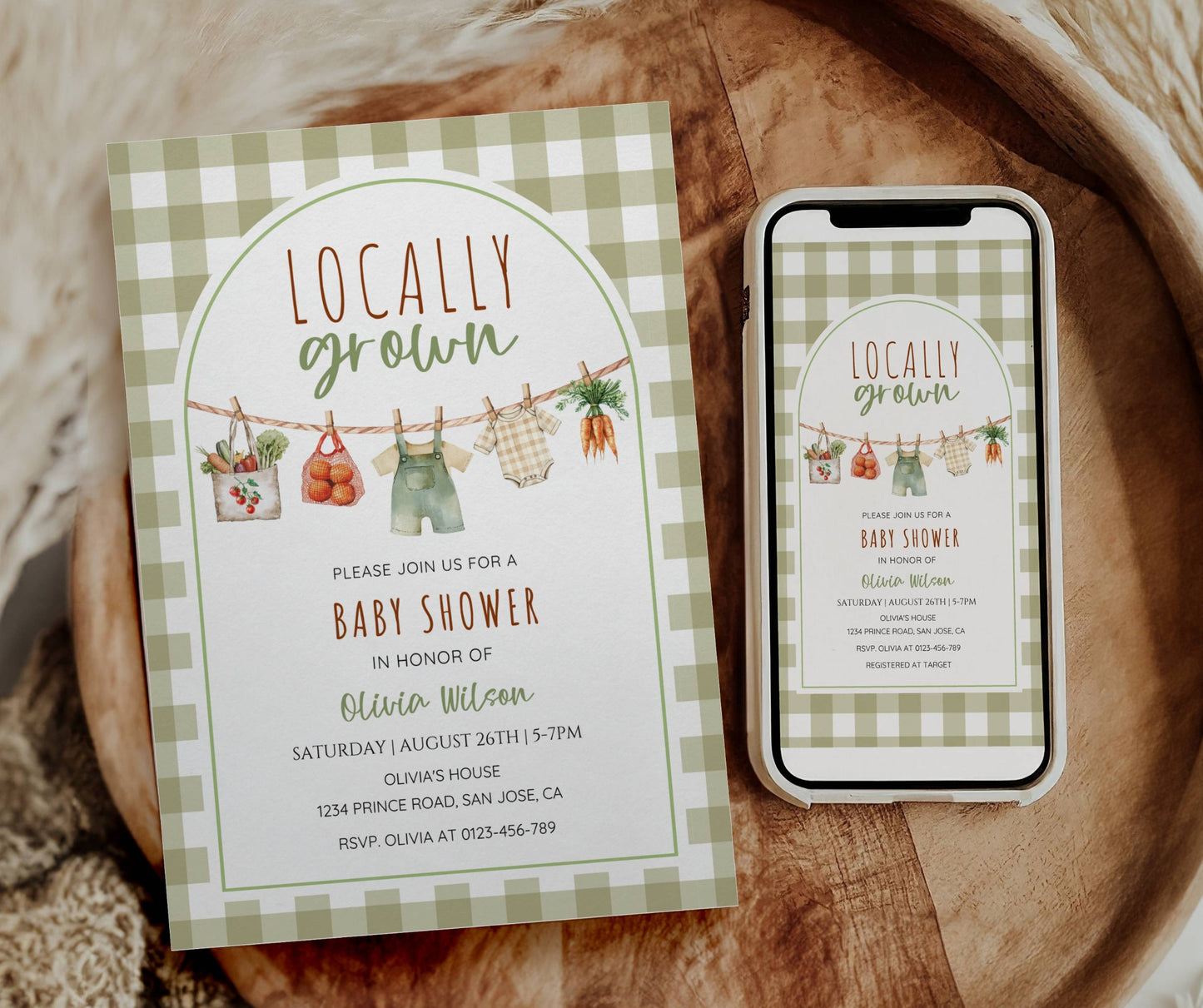 Locally Grown Baby Shower Bundle, Farmers Market Baby Shower Bundle, Locally Grown Baby Shower Invitation & Games, Editable Canva Template