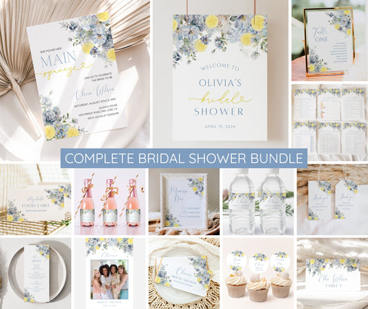 Blue Lemon Bridal Shower Bundle, Main Squeeze Invitation Template, Dusty Blue Citrus Wedding Shower, Editable Canva, Printable Download