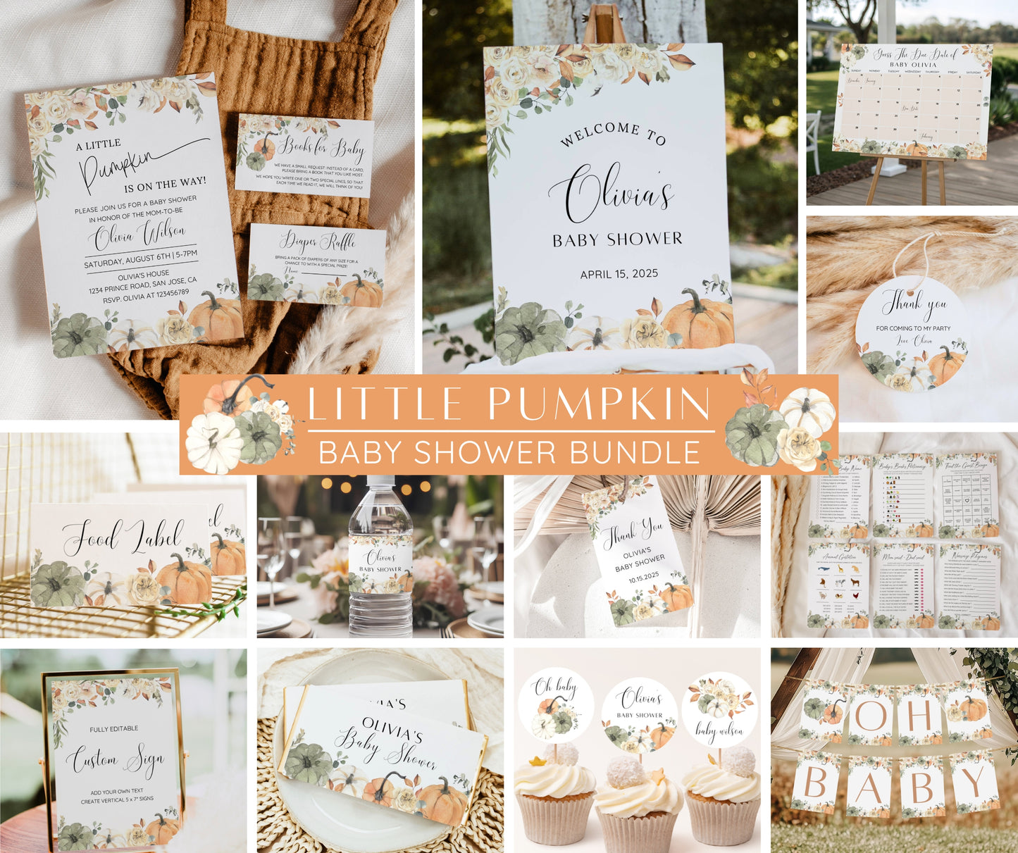 Little Pumpkin Baby Shower Bundle, Fall Baby Shower Invitation & Games, Neutral Gender, Autumn Baby Sprinkle, Editable Canva Template