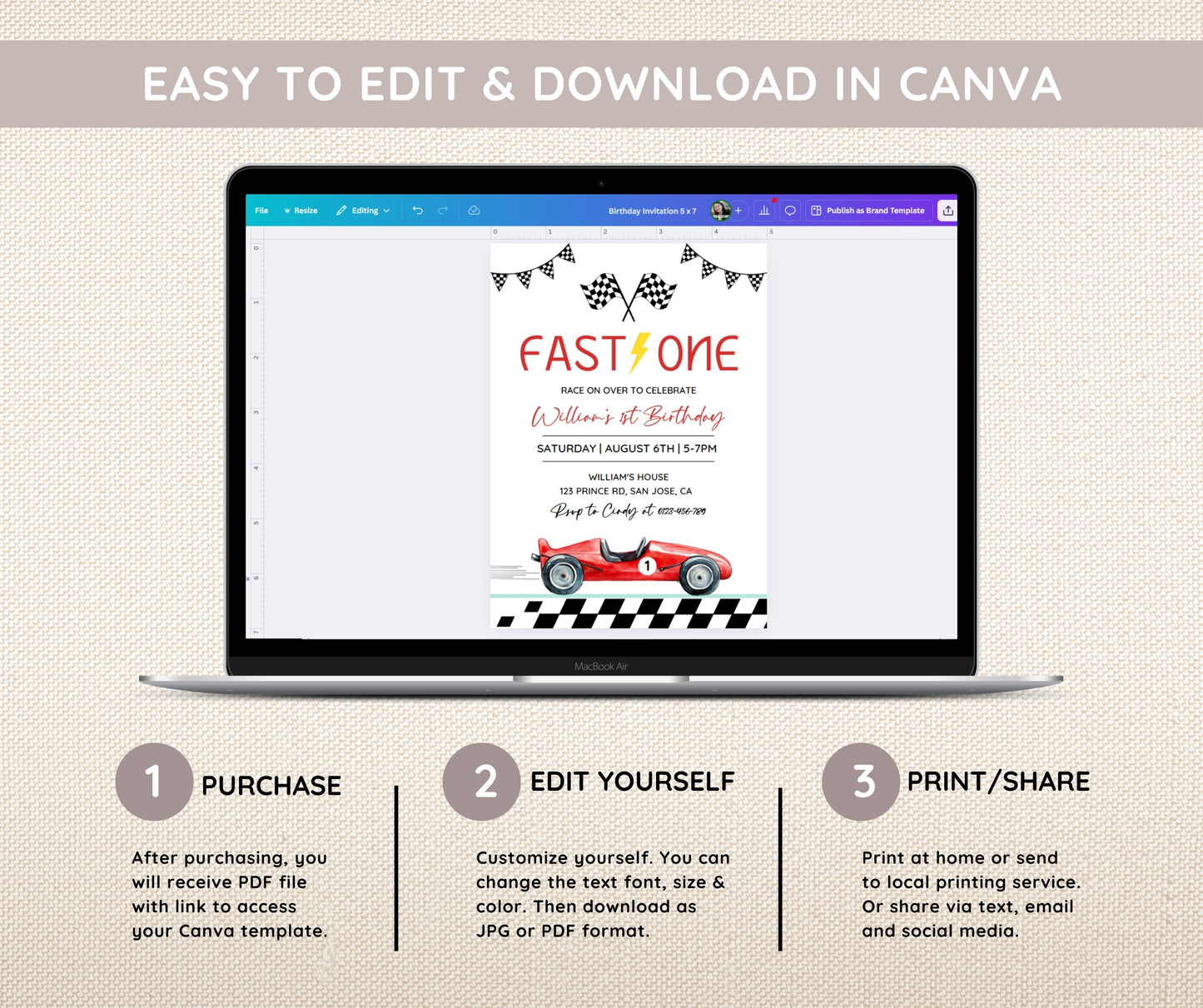 Fast One Race Car Birthday Invitation Bundle, 1st Birthday Boy Party Bundle, Editable Race Car Invite Set, Boy First Birthday Canva Template