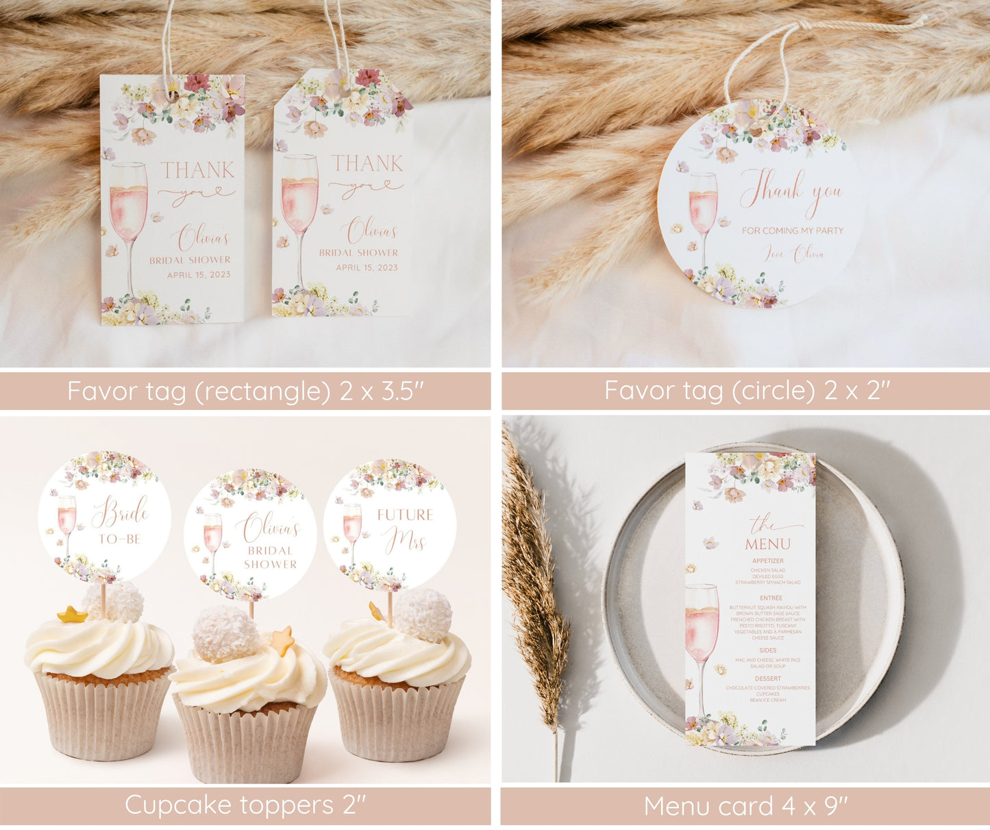 Petals and Prosecco Bridal Shower Invitation Bundle | Editable Pink Floral Bridal Shower Template | Welcome Sign, Game Pack | Instant Download