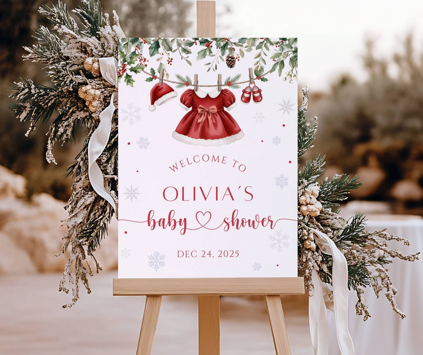 Santa Baby Shower Bundle, Christmas Girl Baby Shower Invitation & Games, Holiday Baby Clothesline, Winter, Merry Little, Editable Template