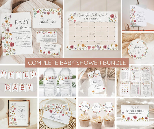 Baby in Bloom Baby Shower Invitation Bundle, Baby in Bloom Baby Sprinkle Invitation Set, Spring Flowers Wildflower Baby Shower, Editable