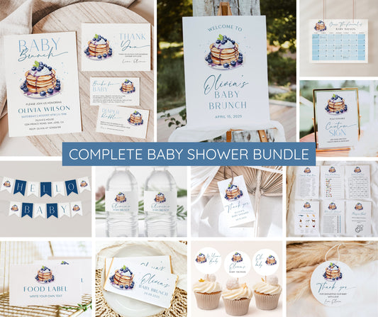 Blueberry Baby Brunch Baby Shower Invitation Bundle, Blueberry Pancake Baby Shower Invite, Editable Template, Diaper Raffle, Books for Baby