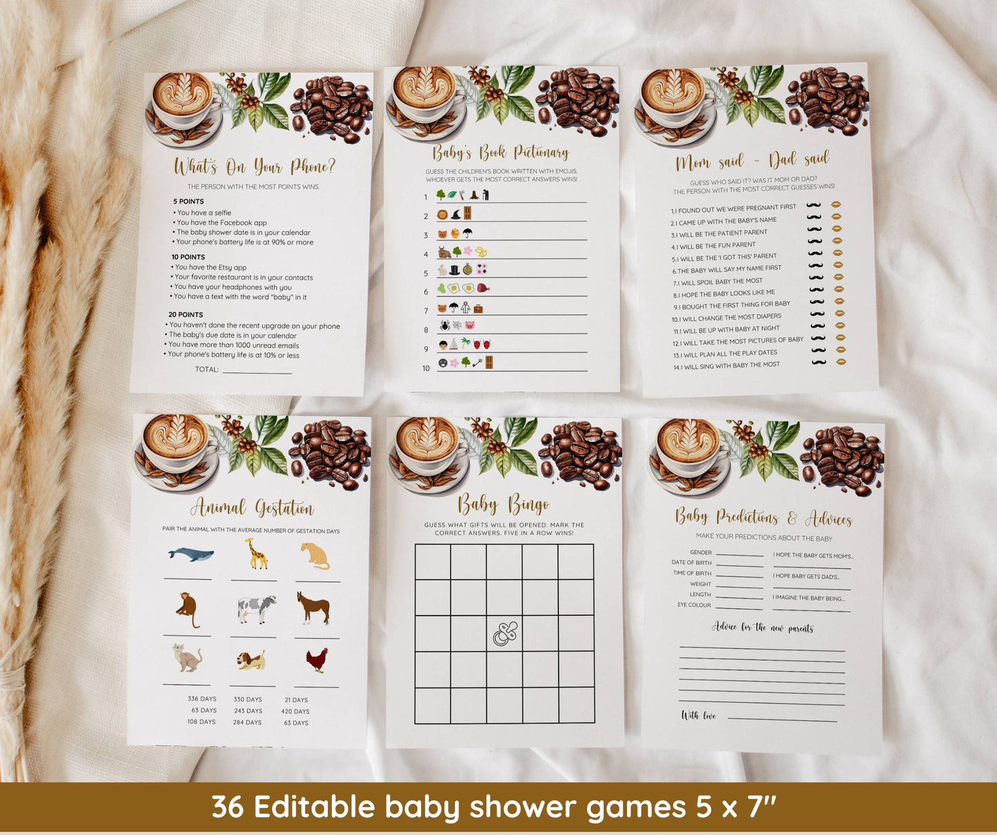 Coffee Baby Shower Invitation Bundle, A Baby is Brewing Baby Shower Invite & Game Bundle, Gender Neutral, Editable Canva Template, Printable