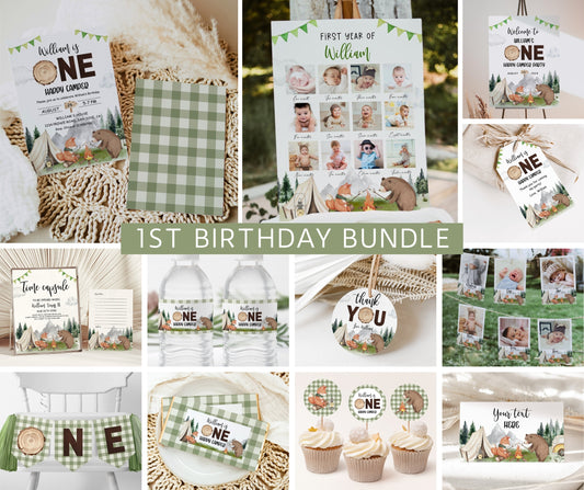 One Happy Camper First Birthday Bundle, Camping Birthday Invitation Template, Camper Party 1st Birthday Boy, Welcome, Milestone, EDITABLE