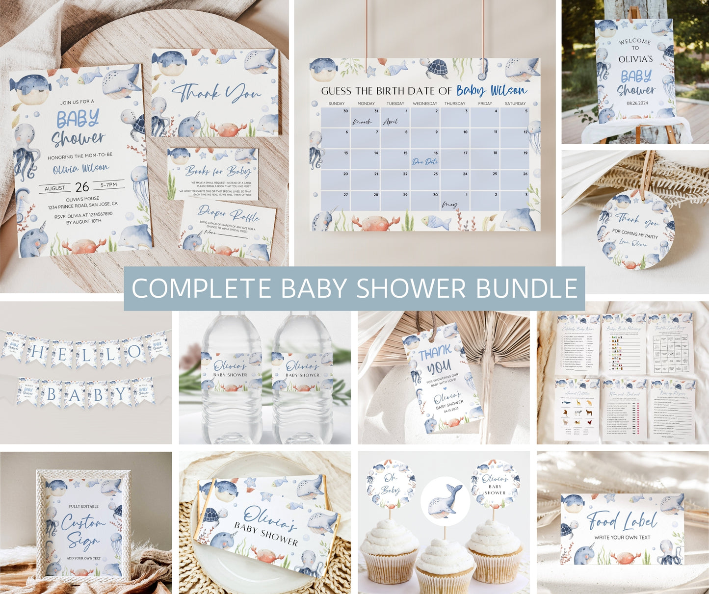 Under the Sea Baby Shower Bundle – Ocean Boy Invitation, Games & Decor | Editable Template, Instant Download