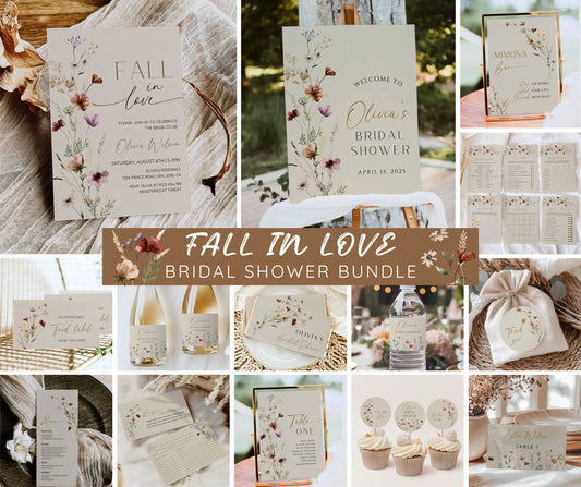 Fall in Love Bridal Shower Bundle, Autumn Wildflower Bridal Shower Invitation & Games Bundle, Boho Floral Wedding Shower, Editable Template