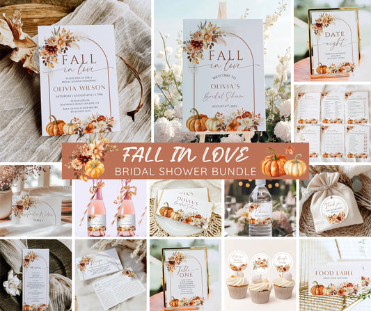 Fall in Love Bridal Shower Invitation Bundle, Pumpkin Bridal Shower Invite & Games, Pampas Floral Autumn Wedding Shower, Editable Template