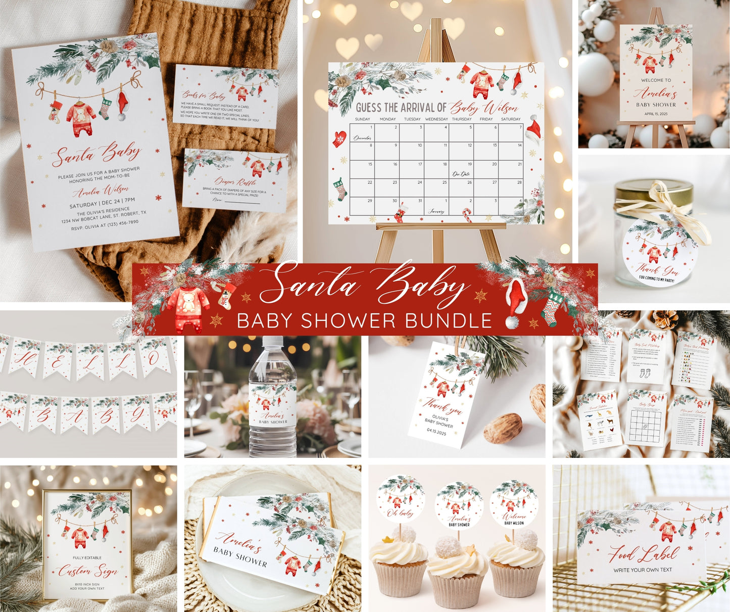 Santa Baby Shower Bundle, Christmas Baby Shower Invitation & Games, Holiday Winter Baby Sprinkle, Gender Neutral, Editable Canva Template
