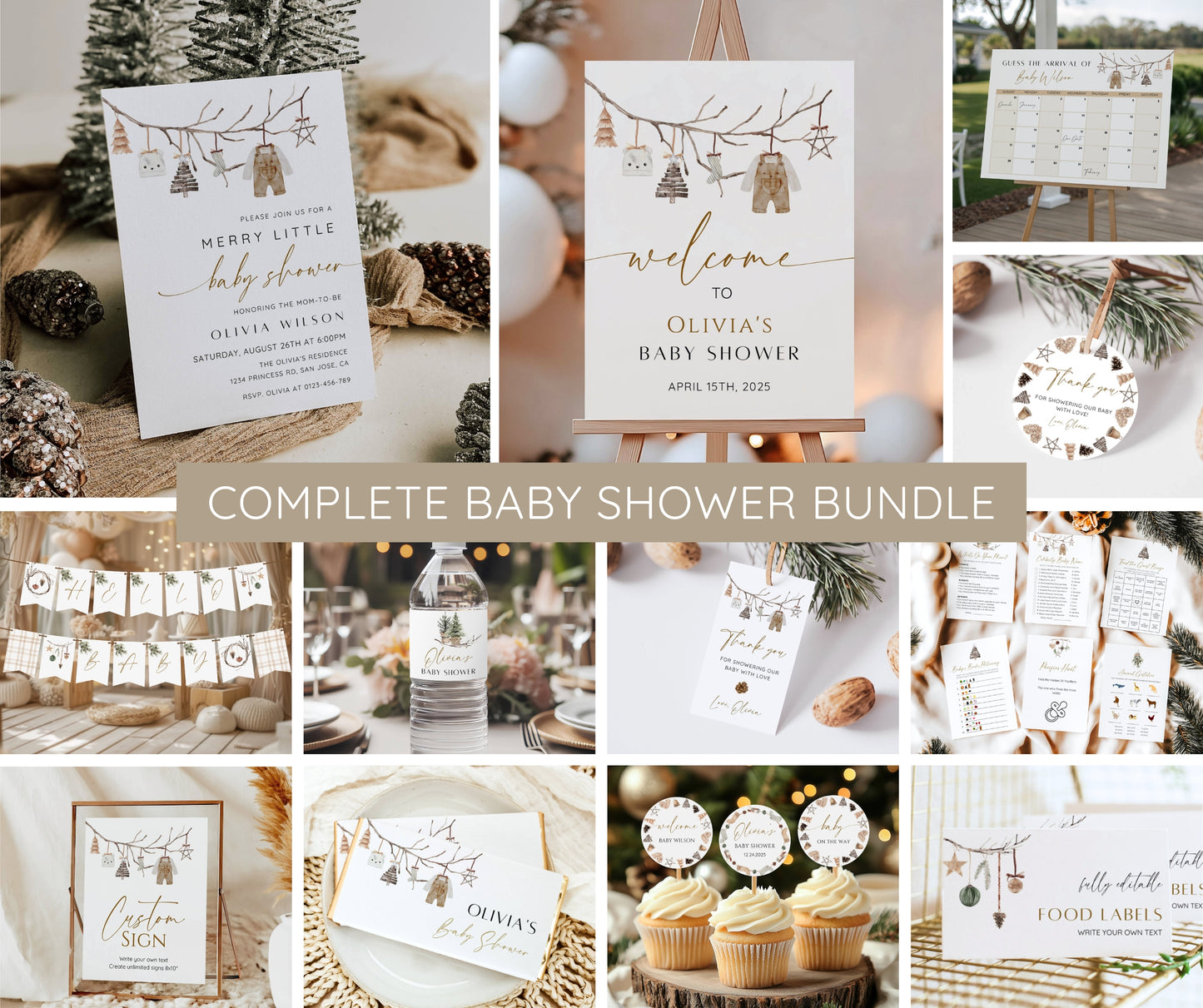Merry Little Baby Shower Bundle, Christmas Baby Shower Invitation & Games, Winter Holiday Baby Shower Decor, Gender Neutral, Editable Canva