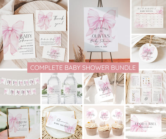 Pink Bow Baby Shower Invitation Bundle, Editable Pink Bow Invitation and Games, Pink Coquette Bow Baby Shower Decoration Baby Girl Printable