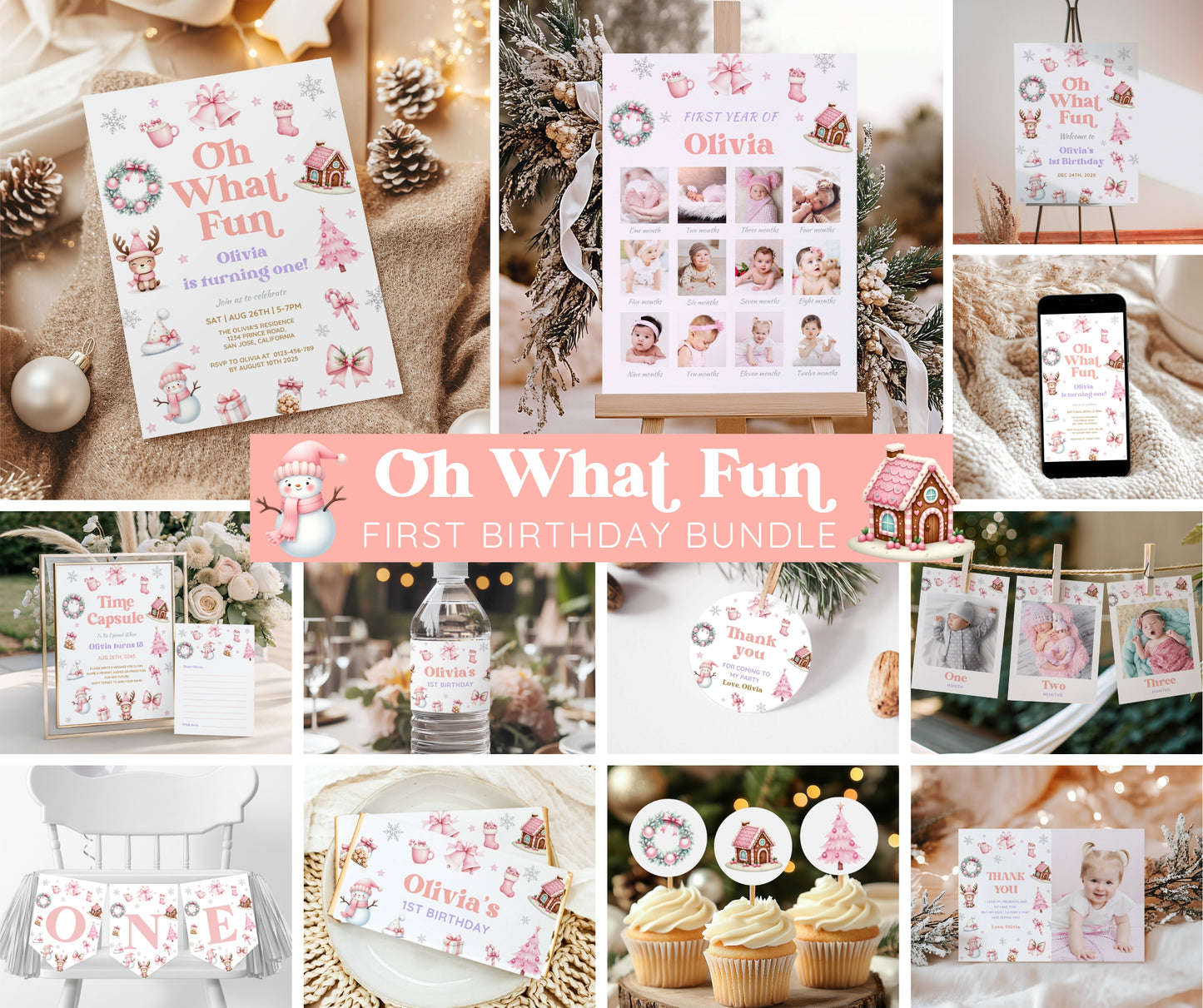 Christmas 1st Birthday Bundle, Oh What Fun It Is to Be One, Holiday Winter Girl Birthday Invitation & Decor, Pink December, Editable Template