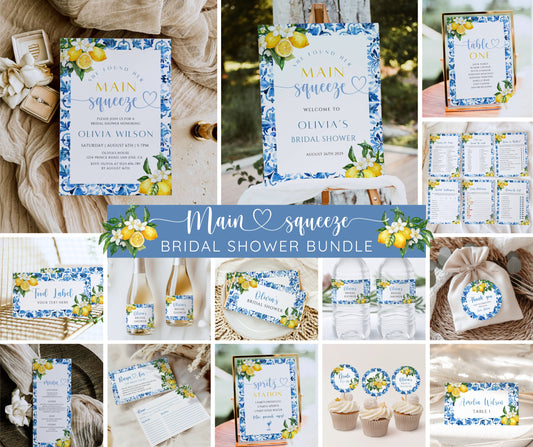Mediterranean Lemon Bridal Shower Invitation Bundle, Main Squeeze Bridal Invite & Games, Italian Blue Tiles Amalfi Coast, Editable Template