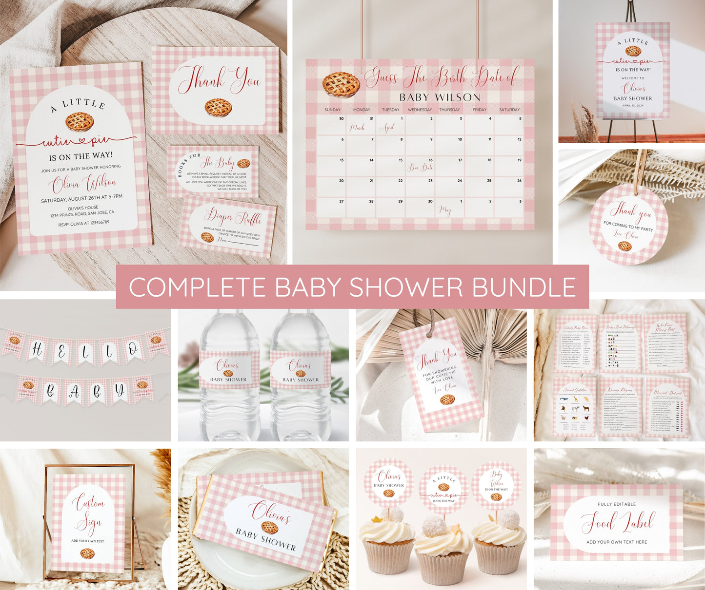 Cutie Pie Baby Shower Bundle Girl, Fall Baby Shower Invitation & Games, Pink Gingham Autumn Baby Shower, Editable Template, Instant Download