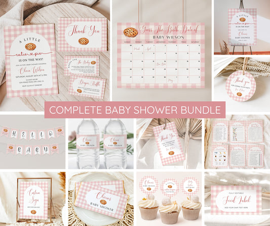 Cutie Pie Baby Shower Bundle Girl, Fall Baby Shower Invitation & Games, Pink Gingham Autumn Baby Shower, Editable Template, Instant Download