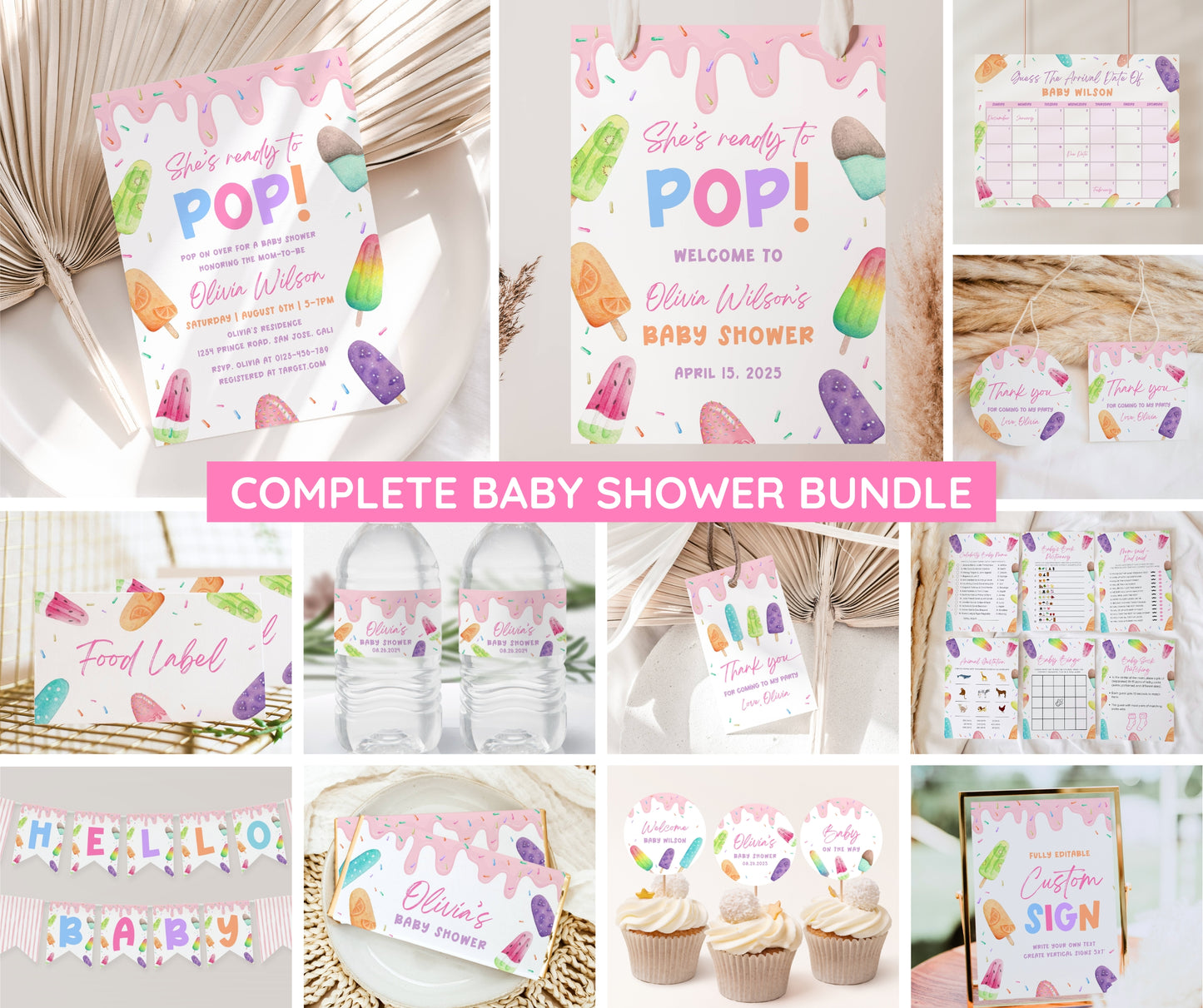 Popsicle Baby Shower Invitation Bundle, She's Ready to Pop Invite & Games, Ice Cream Baby Shower Girl, Editable Canva Template, Printable