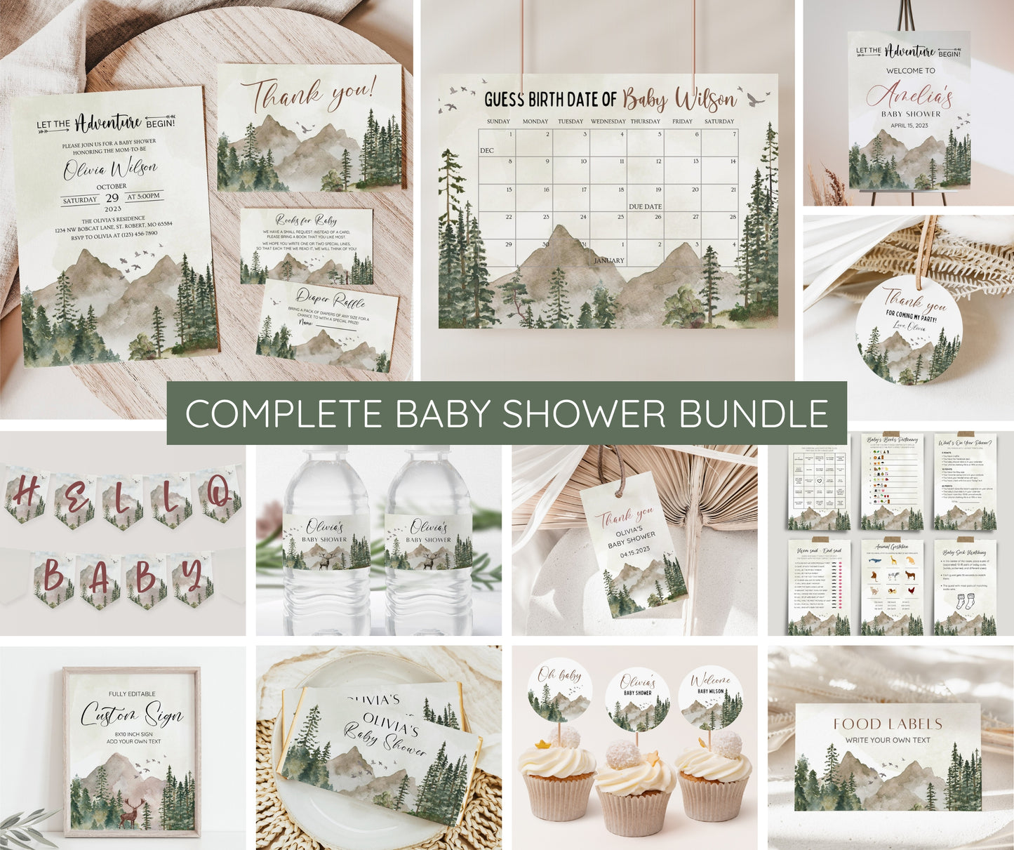 Let the Adventure Begin Baby Shower Invitation Bundle, Woodland Baby Shower Invite Pack, Forest Mountain Tree Gender Neutral Decor Printable