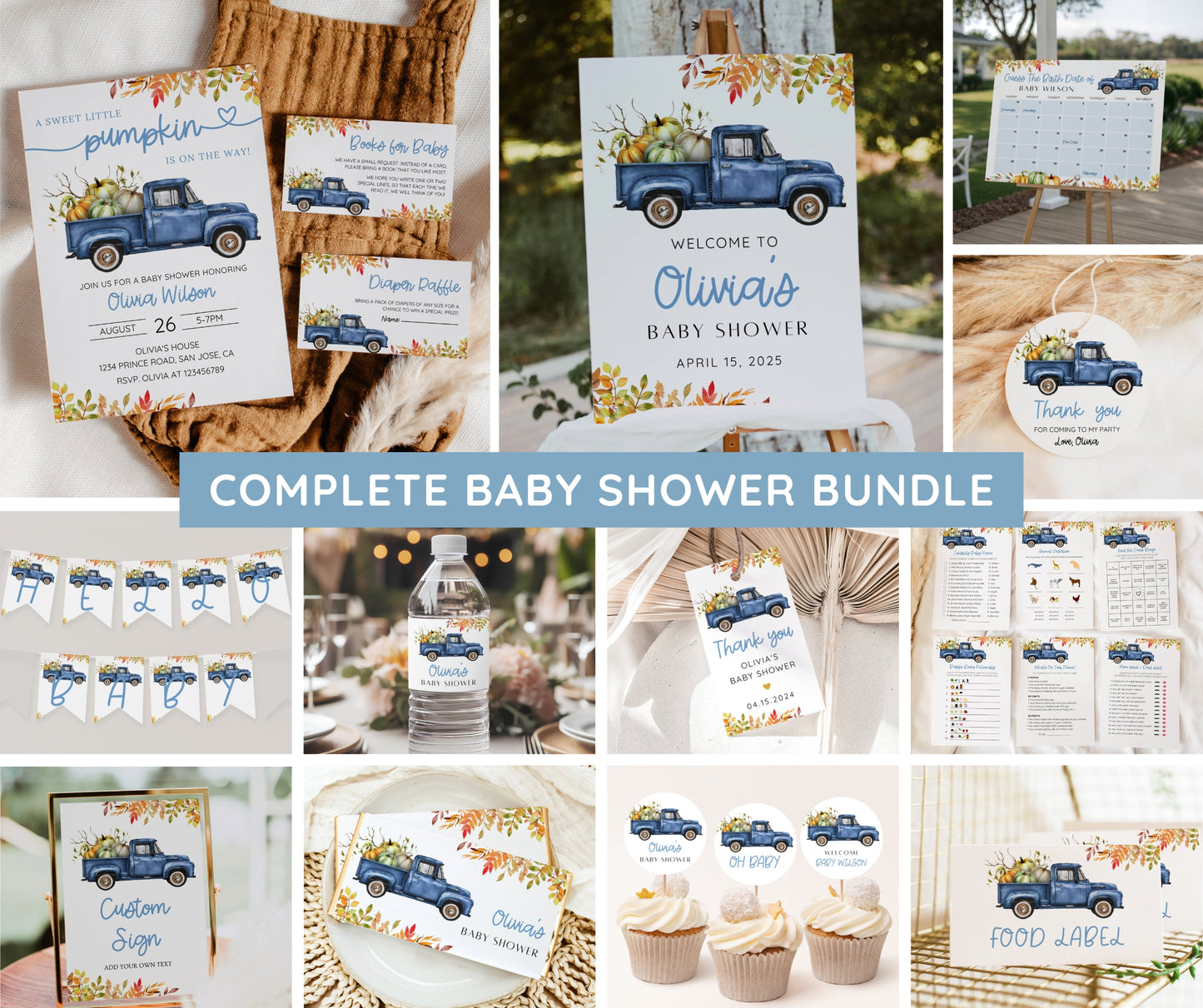 Little Pumpkin Baby Shower Bundle Boy, Blue Truck Fall Baby Shower Invitation & Games, Autumn Baby Sprinkle Decor, Editable Canva Template