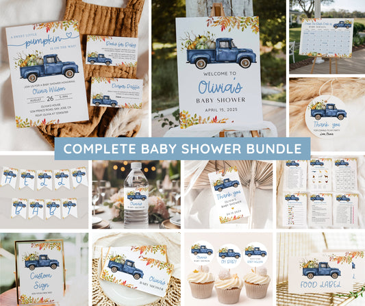 Little Pumpkin Baby Shower Bundle Boy, Blue Truck Fall Baby Shower Invitation & Games, Autumn Baby Sprinkle Decor, Editable Canva Template
